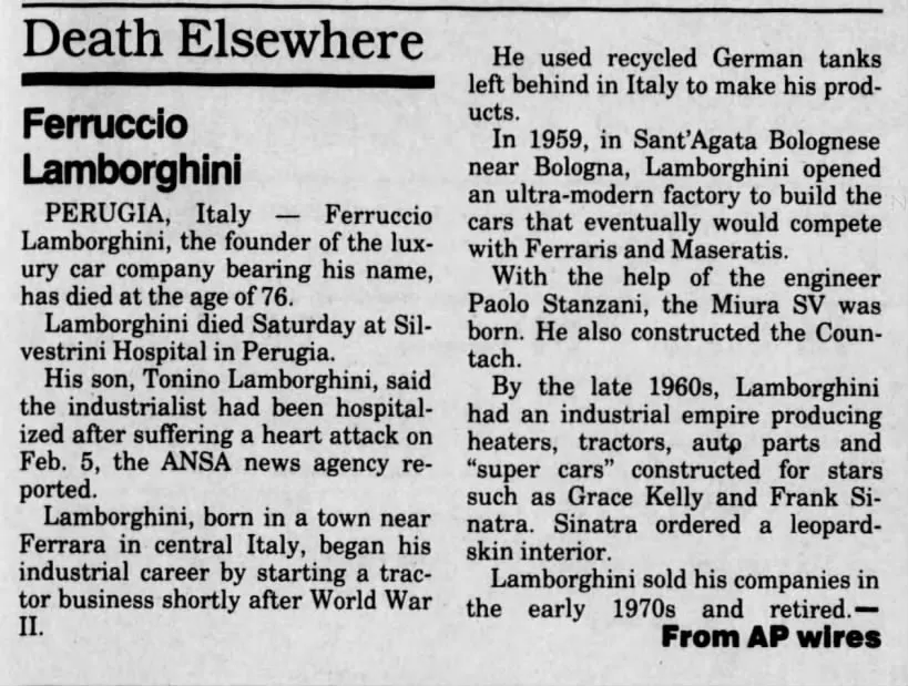 Artikel om Ferruccio Lombarghinis død i 1993